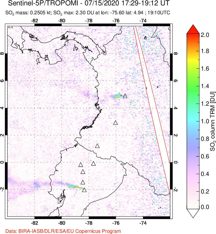 A sulfur dioxide image over Ecuador on Jul 15, 2020.