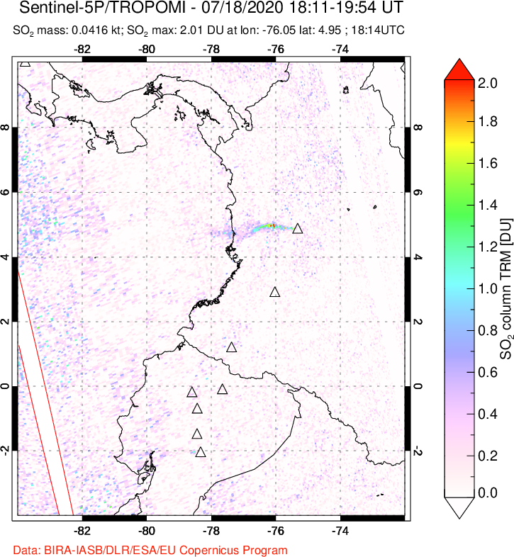 A sulfur dioxide image over Ecuador on Jul 18, 2020.