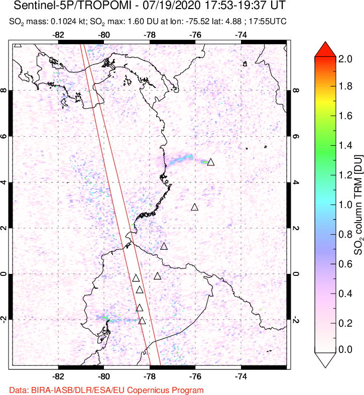 A sulfur dioxide image over Ecuador on Jul 19, 2020.