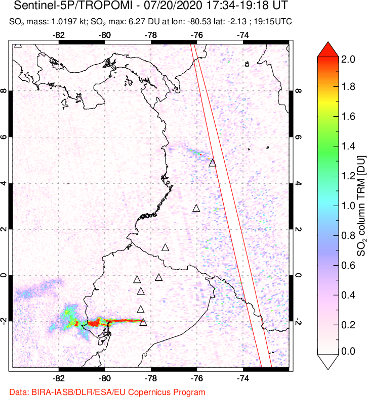 A sulfur dioxide image over Ecuador on Jul 20, 2020.
