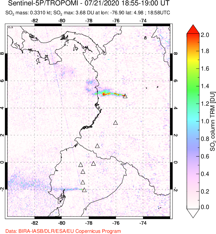 A sulfur dioxide image over Ecuador on Jul 21, 2020.
