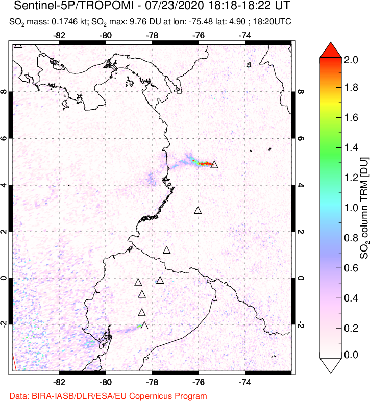 A sulfur dioxide image over Ecuador on Jul 23, 2020.