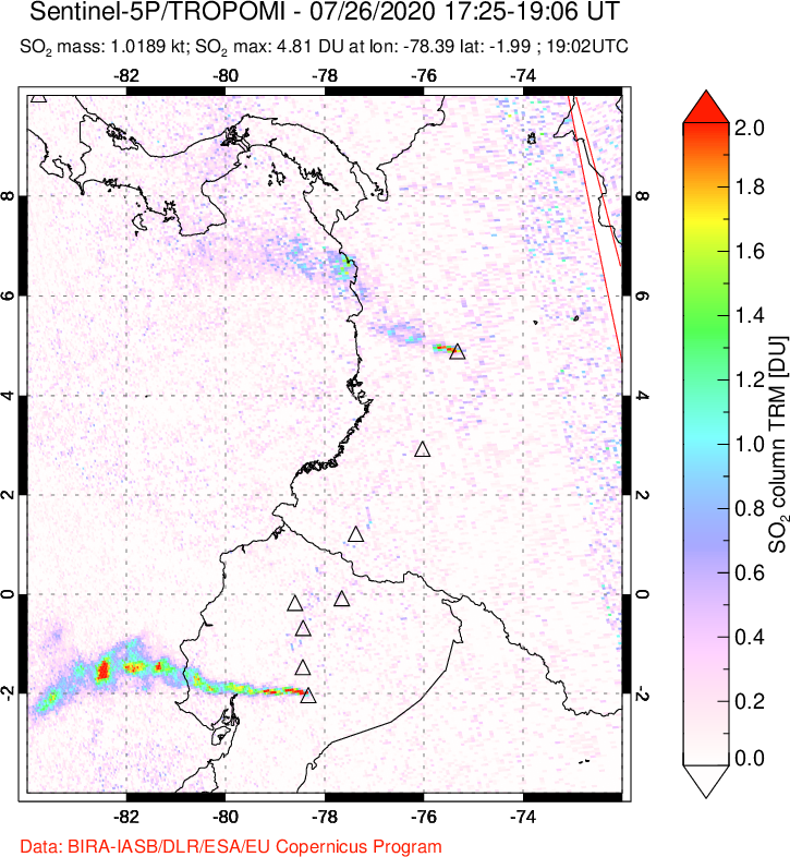 A sulfur dioxide image over Ecuador on Jul 26, 2020.