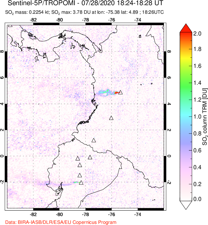 A sulfur dioxide image over Ecuador on Jul 28, 2020.