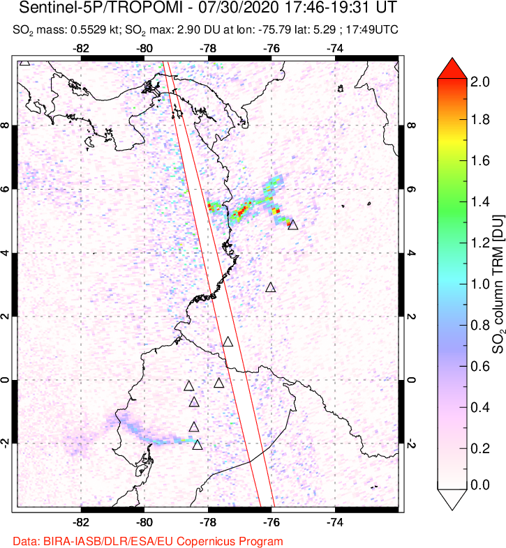 A sulfur dioxide image over Ecuador on Jul 30, 2020.