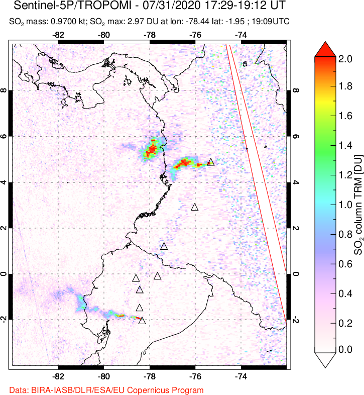A sulfur dioxide image over Ecuador on Jul 31, 2020.
