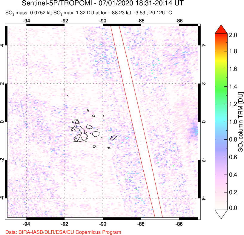 A sulfur dioxide image over Galápagos Islands on Jul 01, 2020.