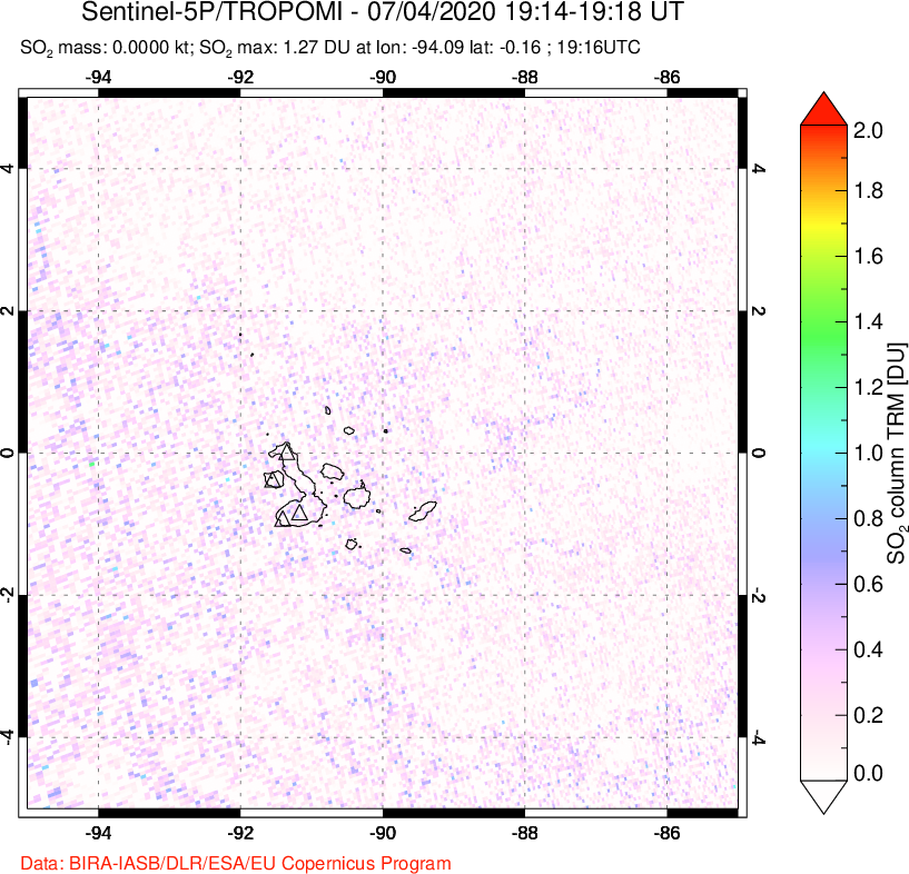 A sulfur dioxide image over Galápagos Islands on Jul 04, 2020.