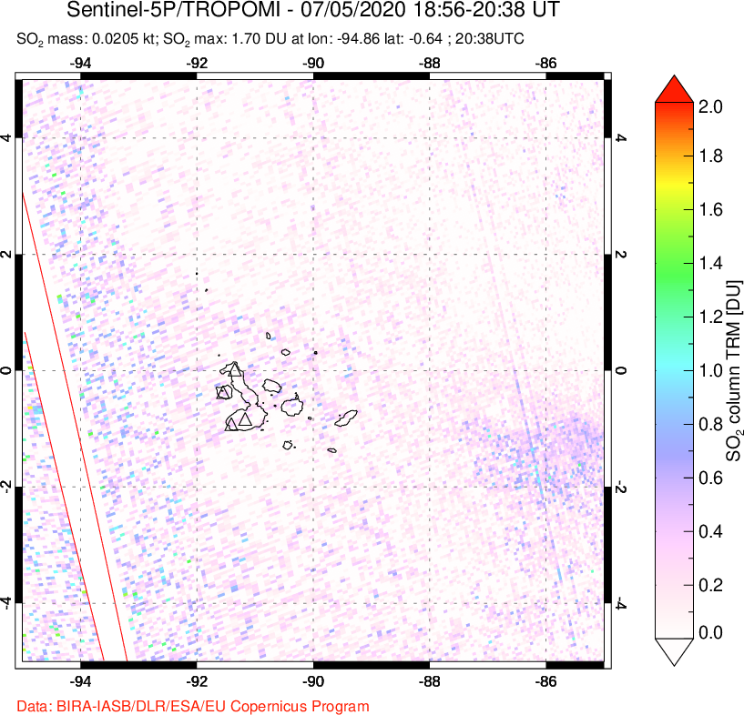 A sulfur dioxide image over Galápagos Islands on Jul 05, 2020.