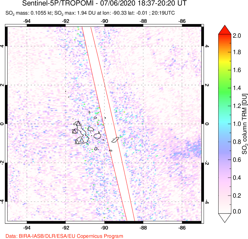 A sulfur dioxide image over Galápagos Islands on Jul 06, 2020.