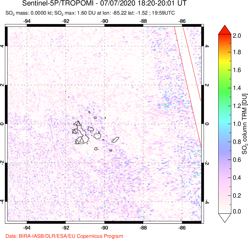 A sulfur dioxide image over Galápagos Islands on Jul 07, 2020.