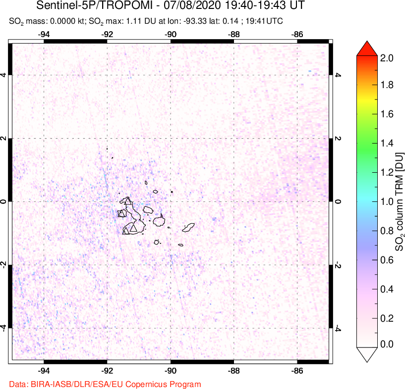 A sulfur dioxide image over Galápagos Islands on Jul 08, 2020.