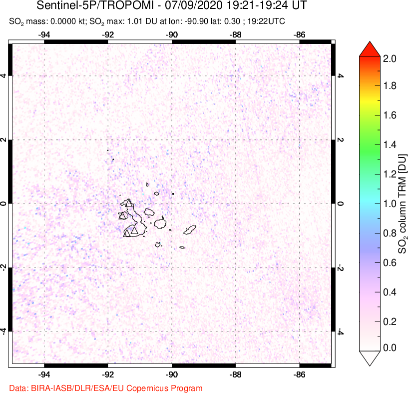 A sulfur dioxide image over Galápagos Islands on Jul 09, 2020.