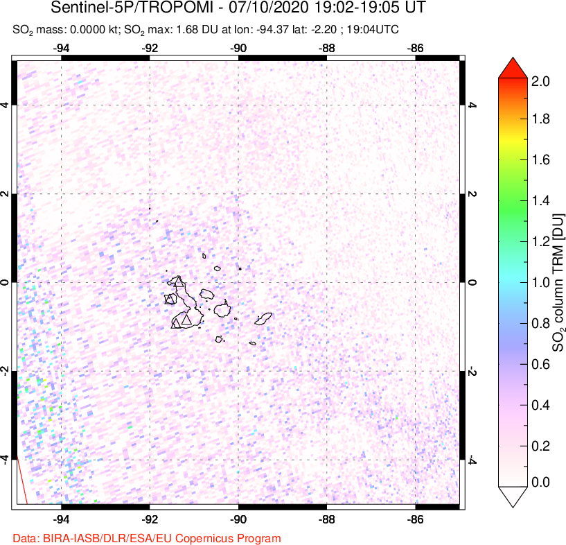 A sulfur dioxide image over Galápagos Islands on Jul 10, 2020.
