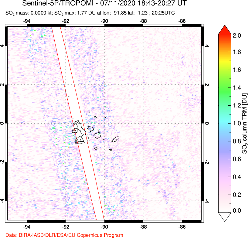 A sulfur dioxide image over Galápagos Islands on Jul 11, 2020.