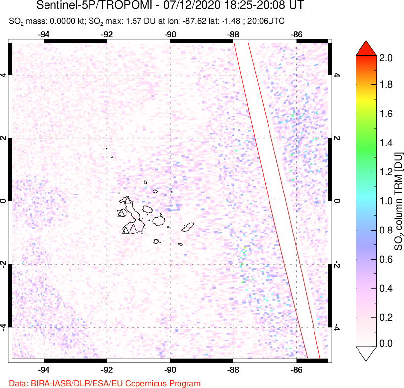 A sulfur dioxide image over Galápagos Islands on Jul 12, 2020.