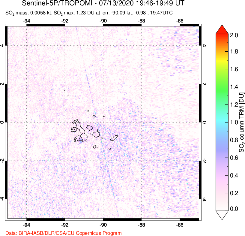 A sulfur dioxide image over Galápagos Islands on Jul 13, 2020.