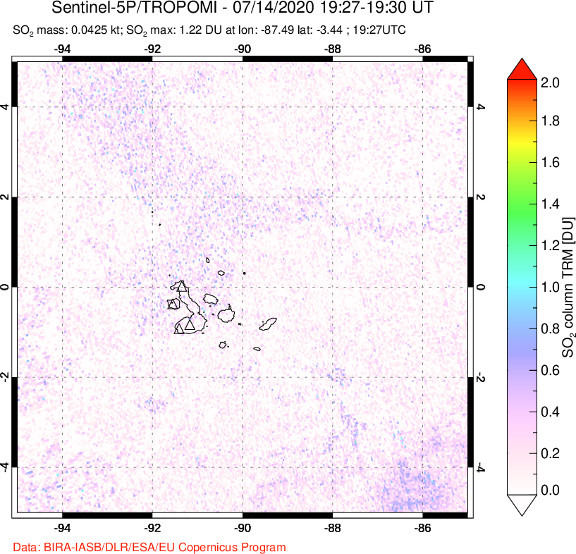 A sulfur dioxide image over Galápagos Islands on Jul 14, 2020.