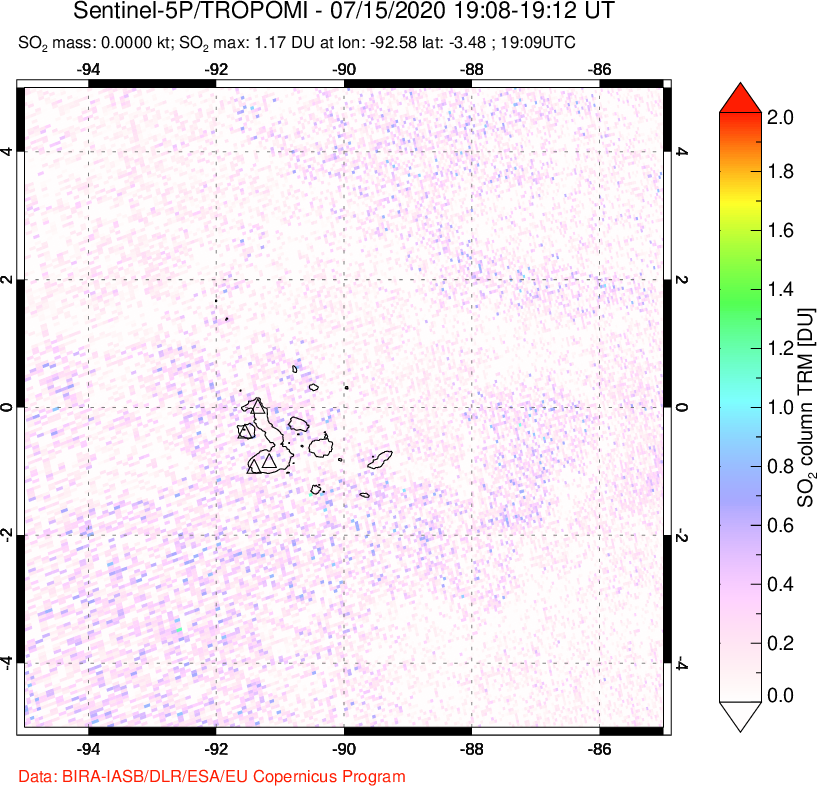 A sulfur dioxide image over Galápagos Islands on Jul 15, 2020.