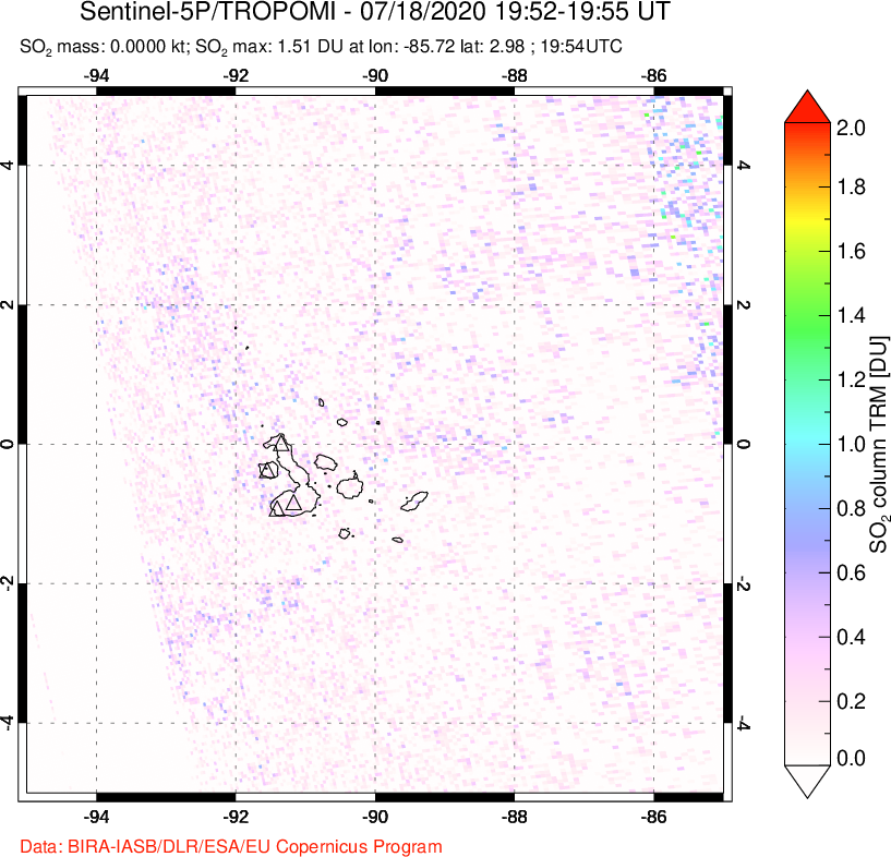 A sulfur dioxide image over Galápagos Islands on Jul 18, 2020.