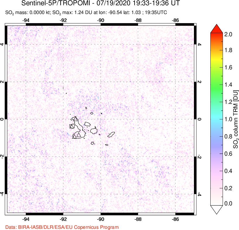 A sulfur dioxide image over Galápagos Islands on Jul 19, 2020.