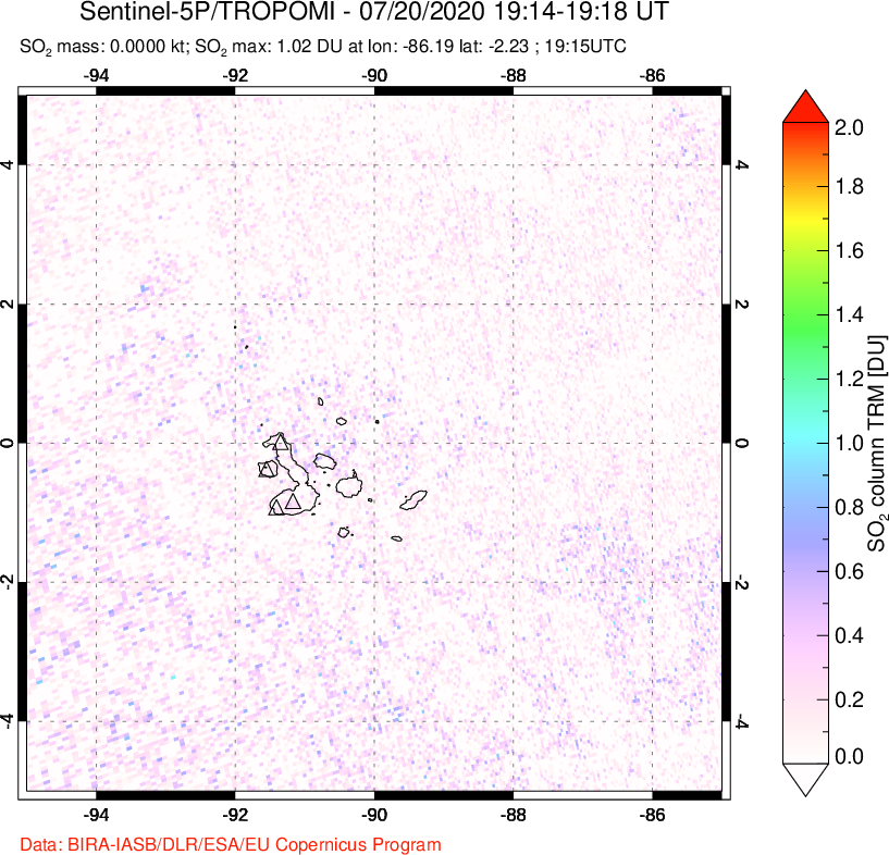 A sulfur dioxide image over Galápagos Islands on Jul 20, 2020.
