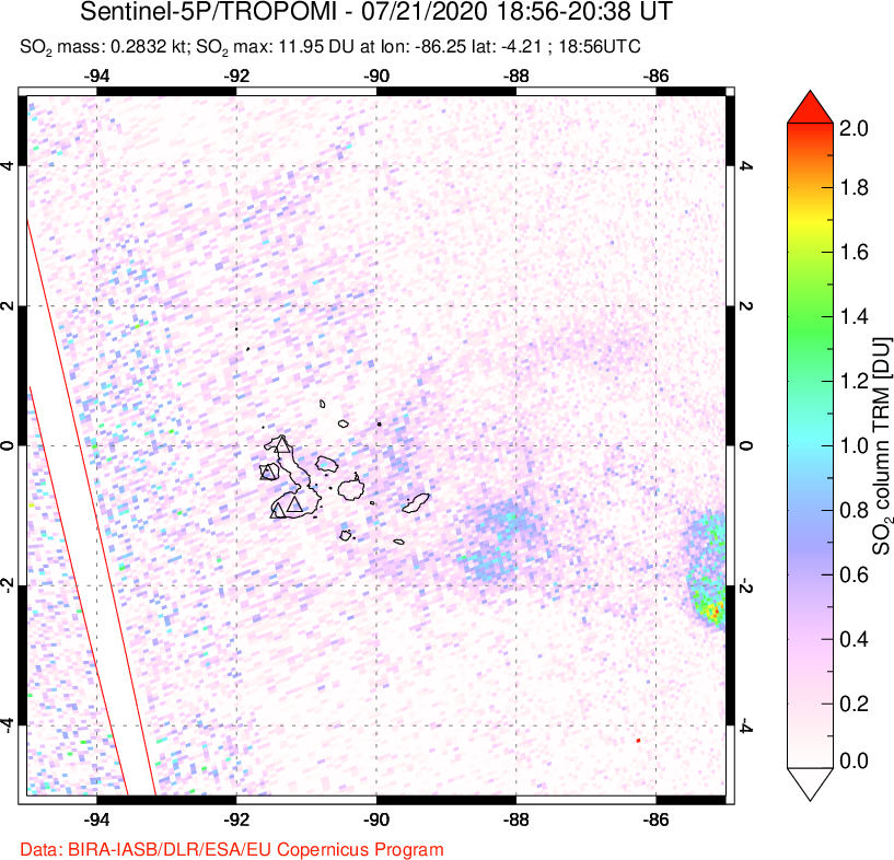 A sulfur dioxide image over Galápagos Islands on Jul 21, 2020.