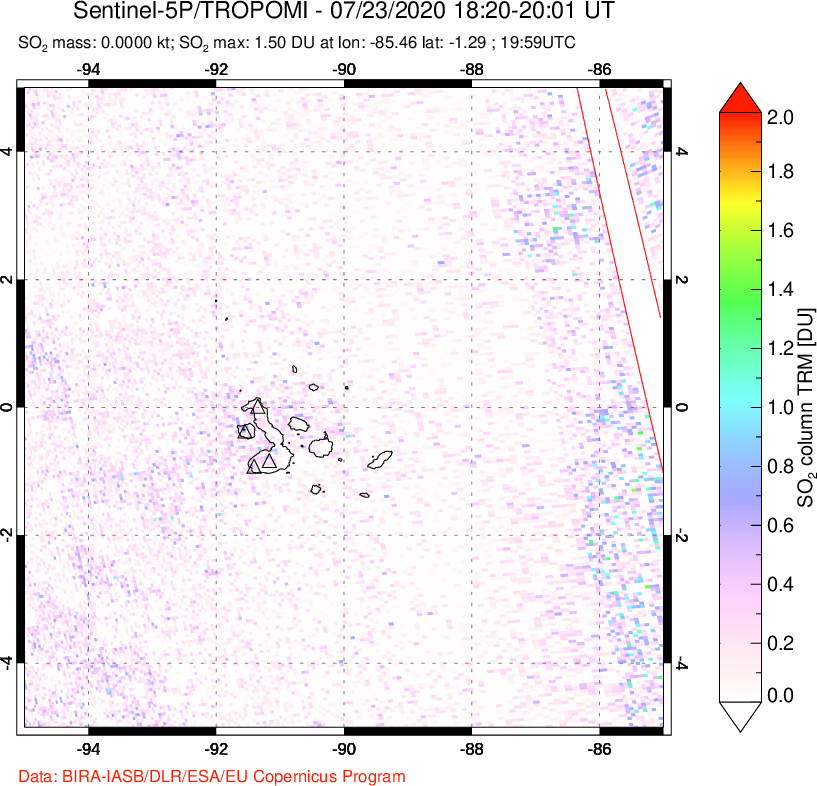 A sulfur dioxide image over Galápagos Islands on Jul 23, 2020.