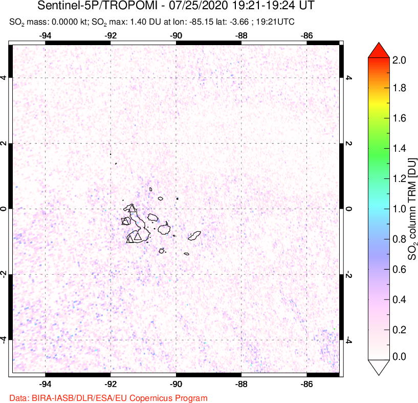 A sulfur dioxide image over Galápagos Islands on Jul 25, 2020.