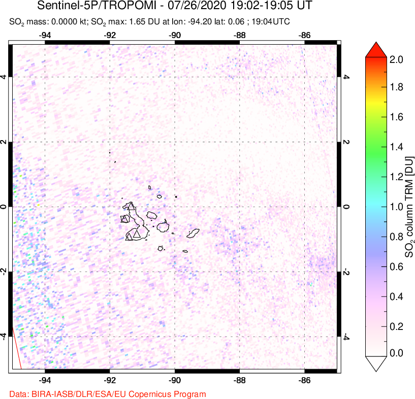 A sulfur dioxide image over Galápagos Islands on Jul 26, 2020.