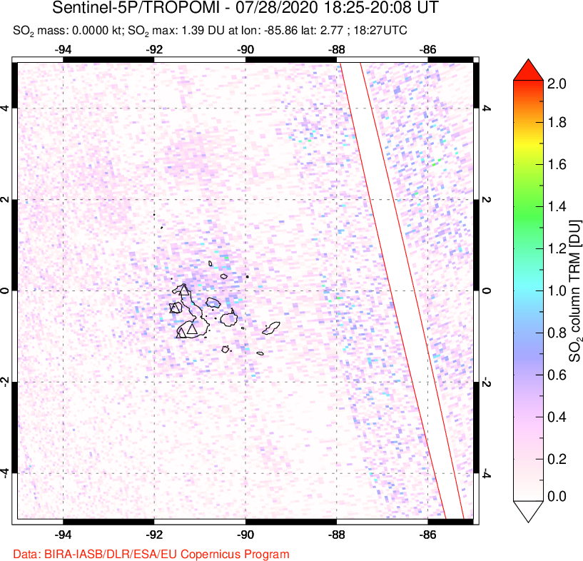A sulfur dioxide image over Galápagos Islands on Jul 28, 2020.