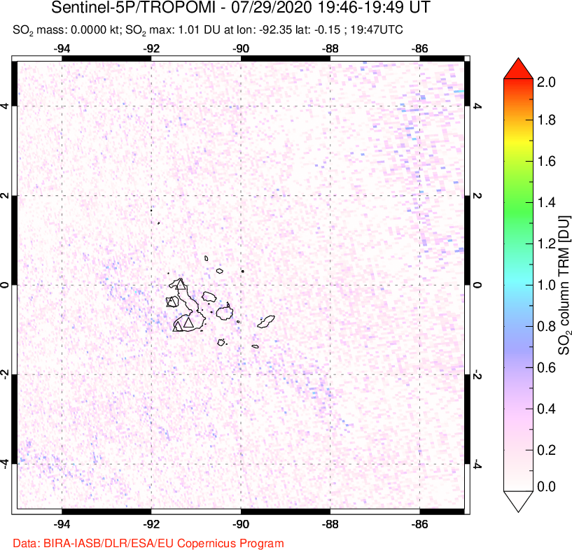 A sulfur dioxide image over Galápagos Islands on Jul 29, 2020.