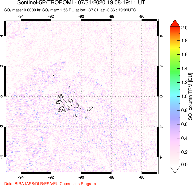 A sulfur dioxide image over Galápagos Islands on Jul 31, 2020.