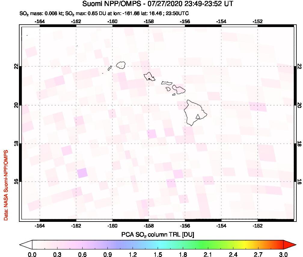 A sulfur dioxide image over Hawaii, USA on Jul 27, 2020.