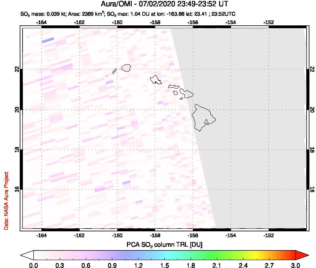 A sulfur dioxide image over Hawaii, USA on Jul 02, 2020.