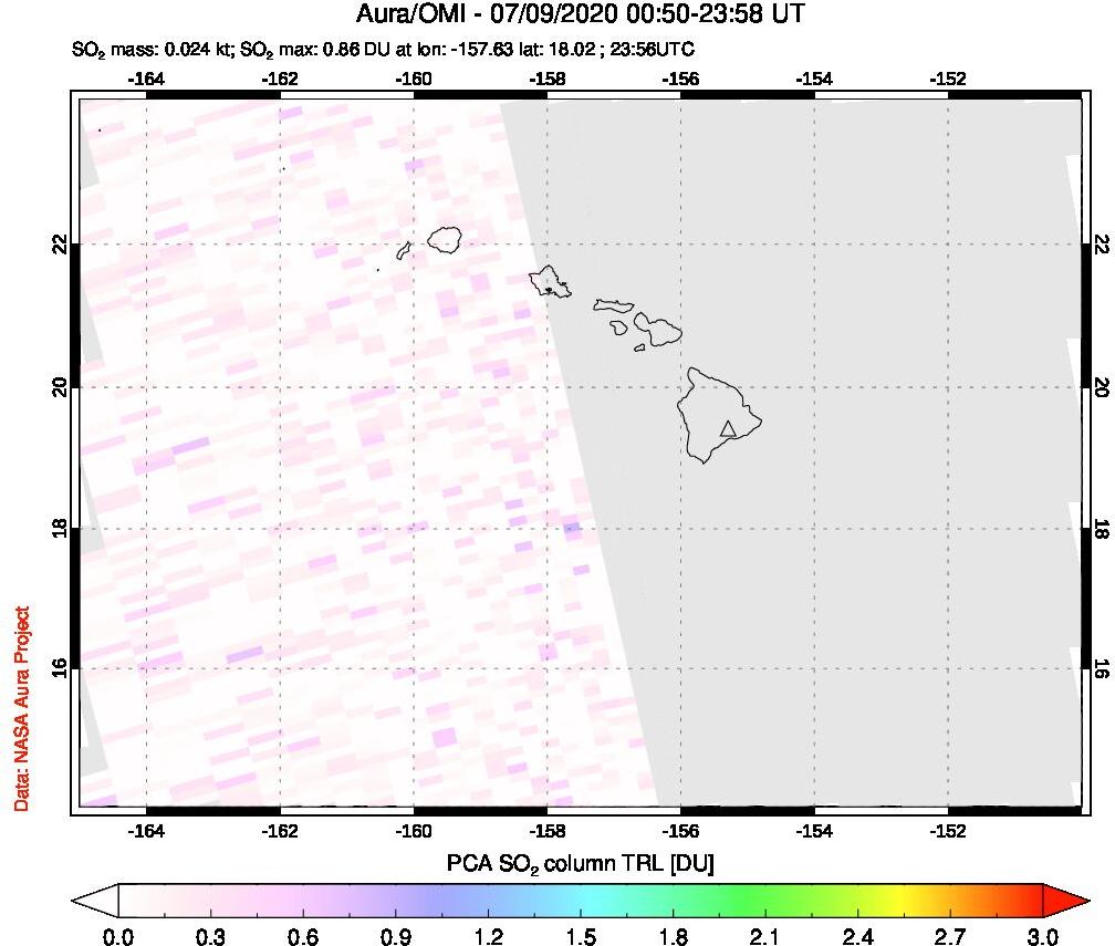 A sulfur dioxide image over Hawaii, USA on Jul 09, 2020.
