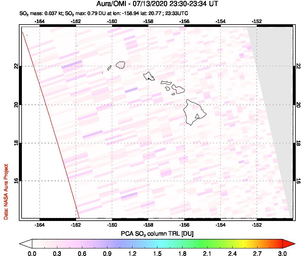 A sulfur dioxide image over Hawaii, USA on Jul 13, 2020.