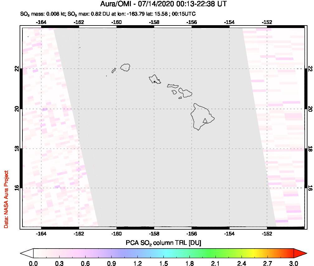 A sulfur dioxide image over Hawaii, USA on Jul 14, 2020.