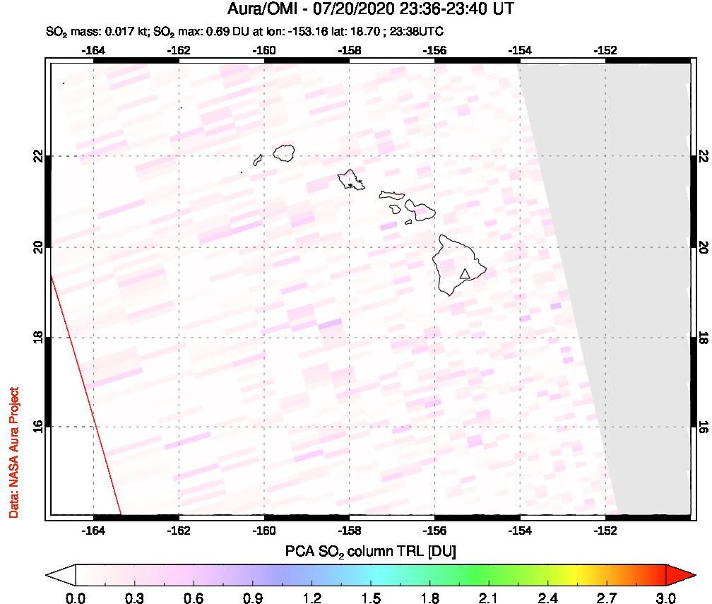 A sulfur dioxide image over Hawaii, USA on Jul 20, 2020.