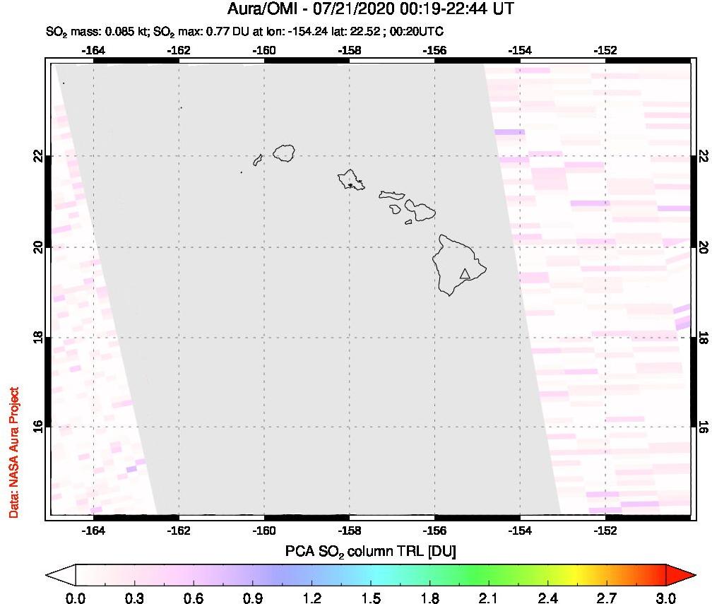 A sulfur dioxide image over Hawaii, USA on Jul 21, 2020.