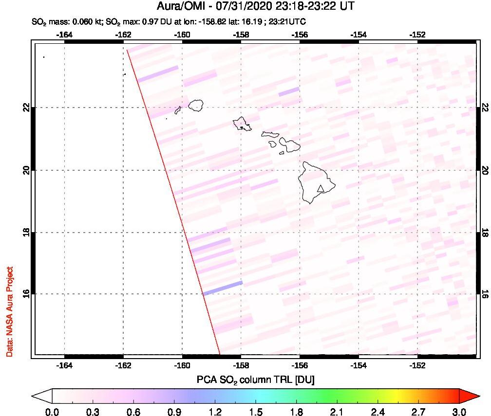 A sulfur dioxide image over Hawaii, USA on Jul 31, 2020.