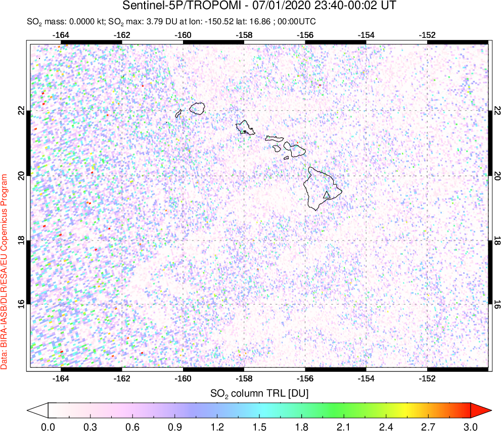 A sulfur dioxide image over Hawaii, USA on Jul 01, 2020.