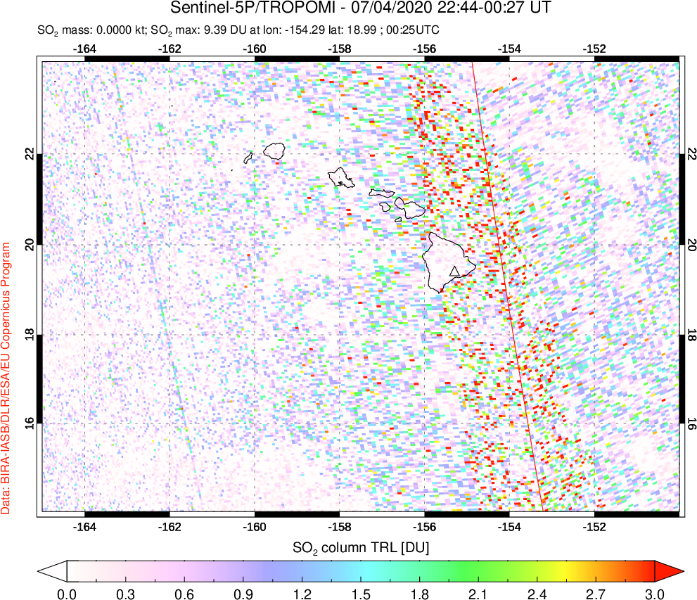 A sulfur dioxide image over Hawaii, USA on Jul 04, 2020.