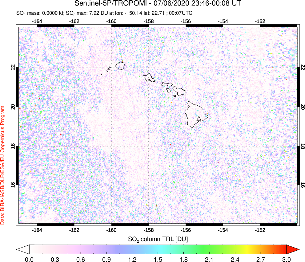 A sulfur dioxide image over Hawaii, USA on Jul 06, 2020.