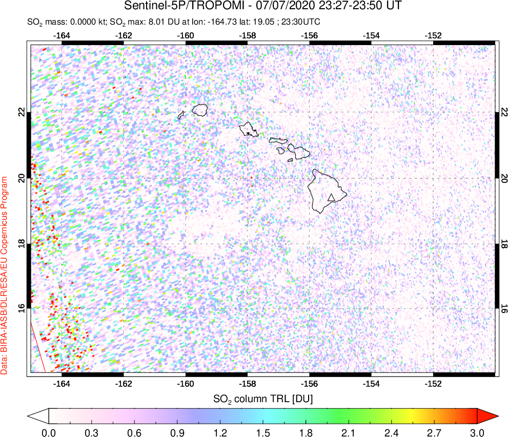 A sulfur dioxide image over Hawaii, USA on Jul 07, 2020.