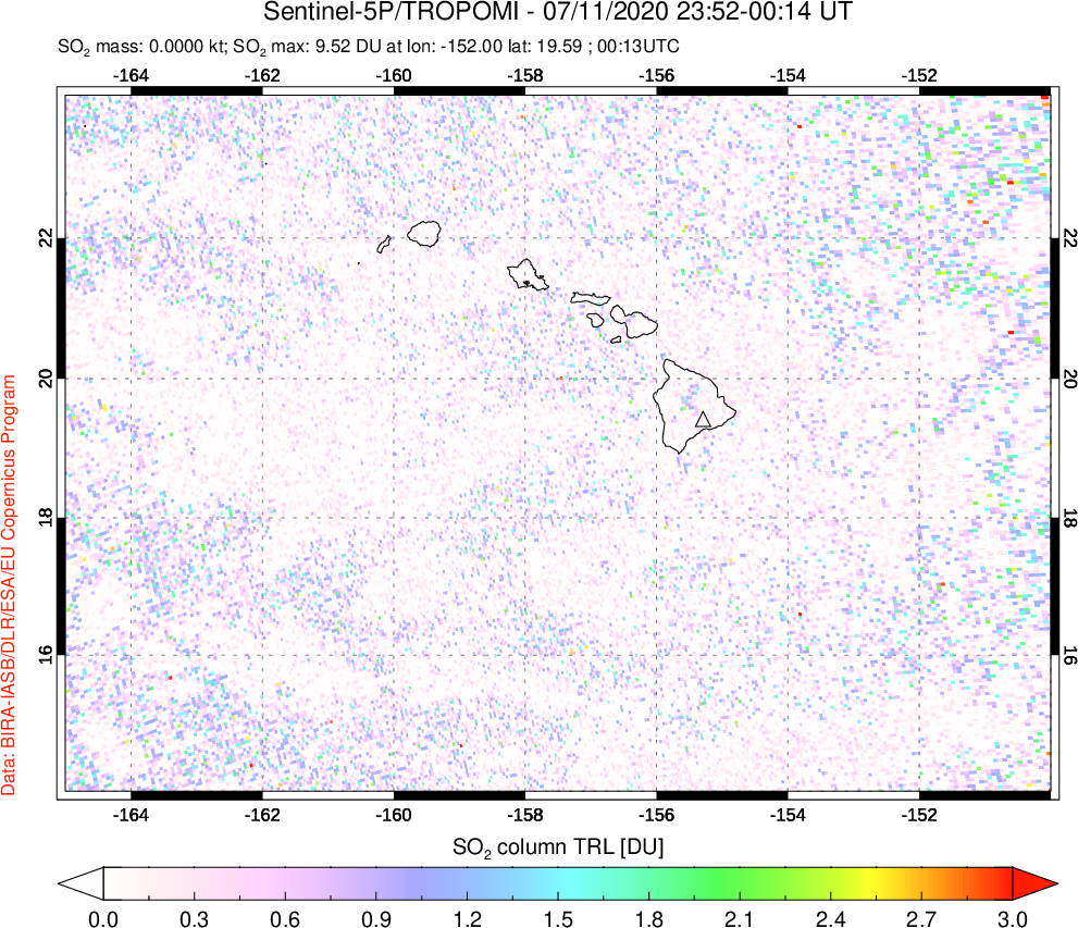 A sulfur dioxide image over Hawaii, USA on Jul 11, 2020.
