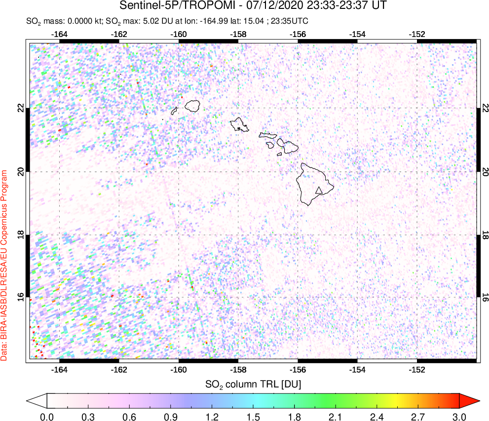 A sulfur dioxide image over Hawaii, USA on Jul 12, 2020.