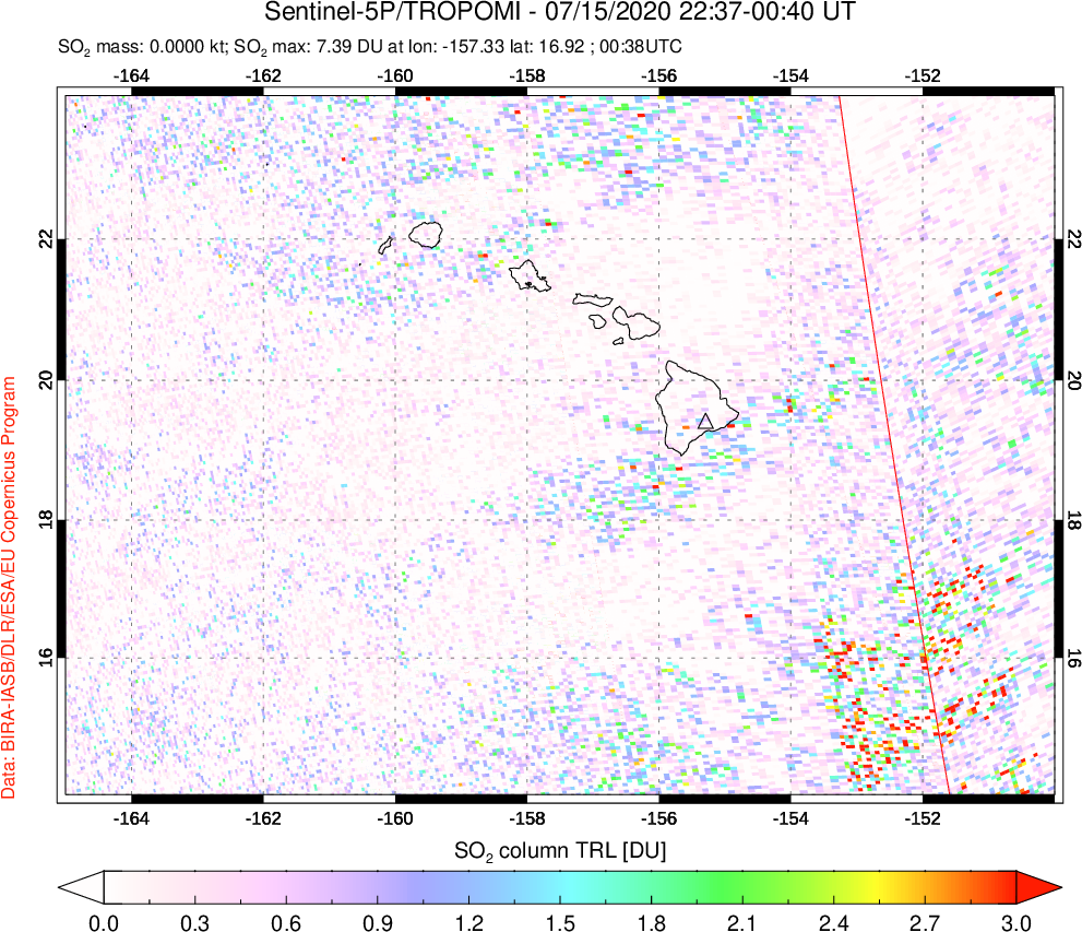 A sulfur dioxide image over Hawaii, USA on Jul 15, 2020.