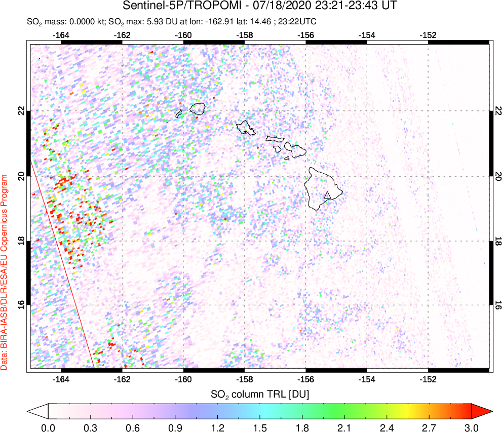 A sulfur dioxide image over Hawaii, USA on Jul 18, 2020.