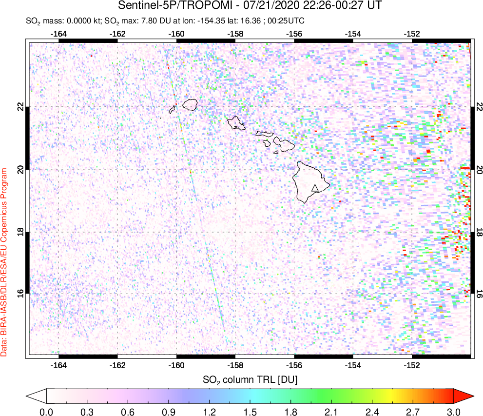 A sulfur dioxide image over Hawaii, USA on Jul 21, 2020.